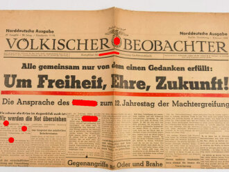 Völkischer Beobachter, Norddeutsche Ausgabe, 1. Februar 1945, "Um Freiheit, Ehre, Zukunft!"stark gebraucht