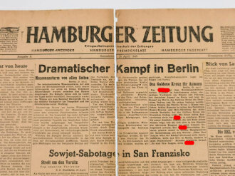 Hamburger Zeitung, Nr 99 vom 20. April 1945, "Dramatischer Kampf in Berlin" 1 Seite in 2 Hälften