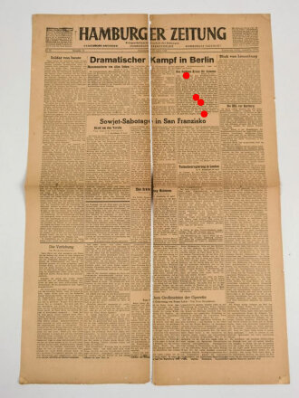 Hamburger Zeitung, Nr 99 vom 20. April 1945, "Dramatischer Kampf in Berlin" 1 Seite in 2 Hälften