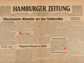 Hamburger Zeitung, Nr 98 vom 27. April 1945, "Wachsame Abwehr an der Unterelbe" 1 Seite