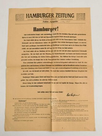 Hamburger Zeitung, Extra Ausgabe, datiert 3. Mai 1945,...
