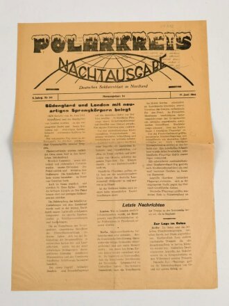 Polarkreis Nachtausgabe, Deutsches Soldatenblatt in Nordland, 17. Juni 1944, "Südengland und London mit neuartigen Sprengkörpern belegt"