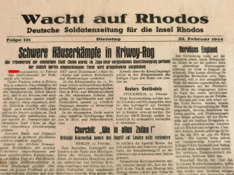 Wacht auf Rhodos, Deutsche Soldatenzeitung für die Insel Rhodos, 22. Februar 1944, "Schwere Häuserkämpfe in Kriwoy-Rog" 1 Blatt