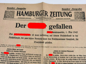 Hamburger Zeitung, Sonder Ausgabe, datiert 2. Mai 1945,...