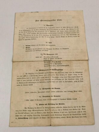 Der Granatwerfer 1916 - Beschreibung  4-seitig, stark gebraucht, DIN A4