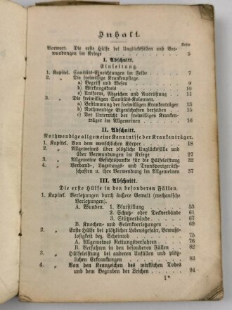 "Leitfaden für den Unterricht der freiwilligen Krankenträger (Sanitäts-Kolonnen)" datiert 1902, 231 Seiten, DIN A6