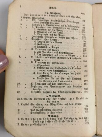 "Leitfaden für den Unterricht der freiwilligen Krankenträger (Sanitäts-Kolonnen)" datiert 1902, 231 Seiten, DIN A6