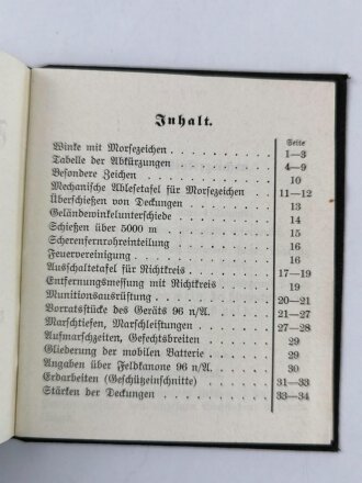 "Feldartillerietabellen für Kanonenbatterien" datiert 1911, 34 Seiten, unter DIN A6