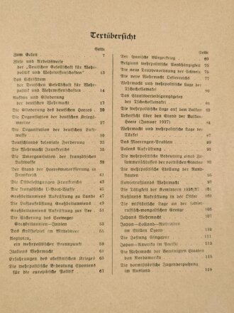 "Heer, Flotte und Luftwaffe - Wehrpolitisches Taschenbuch", 123 Seiten, datiert 1938, DIN A5, Seiten lose