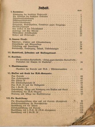 "Die M.G.- Kompanie - Ein Handbuch für den Dienstunterricht" datiert 1939, 274 Seiten, DIN A5, stark gebraucht