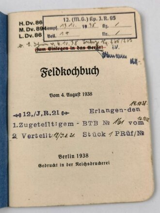 H. Dv. 86 "Feldkochbuch" datiert 1938, 50 Seiten, DIN A6