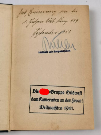 "Der großdeutsche Freiheitskampf - Reden Adolf Hitlers - vom 1. September 1939 bis 10. März 1940" mit Widmung datiert 1943 und SA- Stempel, 200 Seiten, unter DIN A5