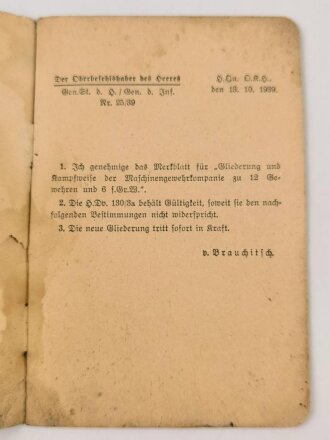 Zu H. Dv. 130/3 a "Merkblatt für Gliederung und Kampfweise der Maschinengewehrkompanie zu 12 Gewehren und 6 S. Gr. W," 12 Seiten, datiert 1939, DIN A6