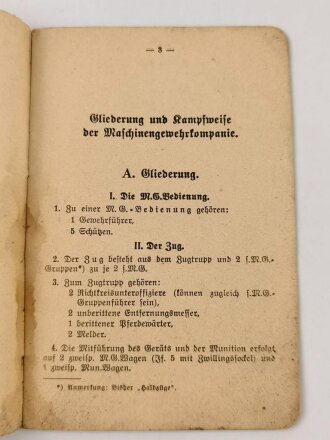 Zu H. Dv. 130/3 a "Merkblatt für Gliederung und Kampfweise der Maschinengewehrkompanie zu 12 Gewehren und 6 S. Gr. W," 12 Seiten, datiert 1939, DIN A6