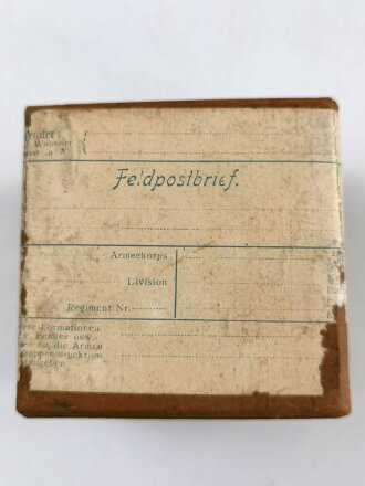 1.Weltkrieg "Feldpostbrief" mit originaler, zu befüllender Pappdose. Maße des Karton 8,5 x 8,5 x 8cm