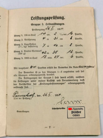 SA Leistungsbuch eines SS Unterscharführer aus Darmstadt. Lichtbild in allgemeiner SS Uniform , Besitzzeugnis zum SA Sportabzeichen in bronze von 1935 enthalten.