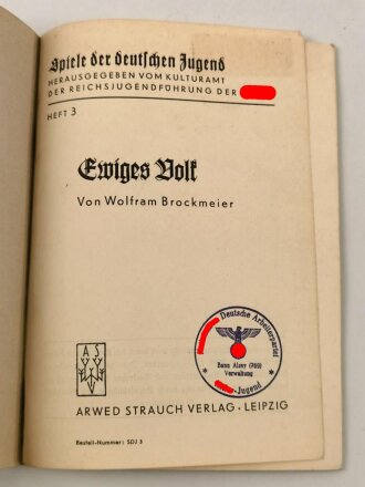 "Ewiges Volk" Herausgegeben vom Kulturamt der Reichsjugendfühung der NSDAP, Heft 3, 24 Seiten, DIN A6, stark gebraucht