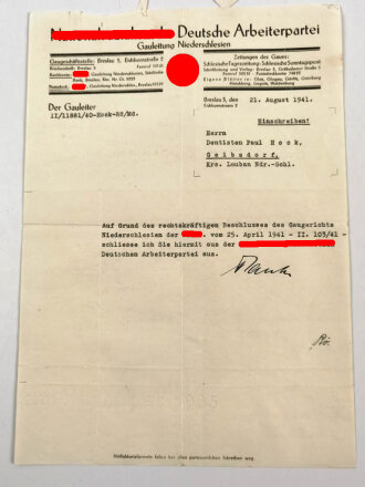 NSDAP Oberstes Parteigericht, Schriftverkehr bezüglich eines ausschluss aus der NSDAP wegen parteischädigender Äußerungen