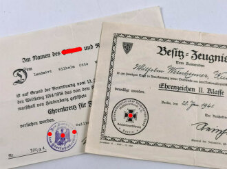 Verleihungsurkunde zum Ehrenkreuz für Frontkämpfer, das ein Besitz Zeugnis für das Ehrenzeichen II.Klasse des N.S. Reichskriegerbund