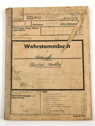 Wehrstammbuch eines Jungen aus Worms, eingestellt am 20.12.43 bei Stamm Kompenie Greandier Ersatz und Ausbildungs Btl 390 Mutzig / Elsaß