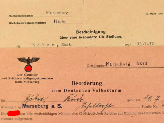 Beorderung zum Deutschen Volkssturm , ausgestellt Merseburg 29.10.44, dazu eine Bescheinigung über besondere UK Stellung der BUNA Werke Merseburg