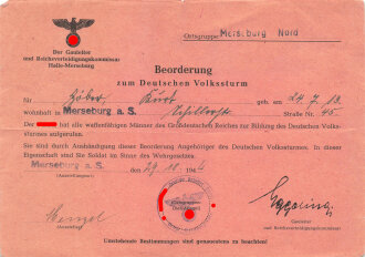 Beorderung zum Deutschen Volkssturm , ausgestellt Merseburg 29.10.44, dazu eine Bescheinigung über besondere UK Stellung der BUNA Werke Merseburg