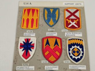 U.S. Army, Sammlung Ärmelabzeichen " Support Units" jeweils auf Karton aufgetackert