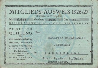 Mitglieds-Ausweis des ADAC 1926/27 eines Ingenieur aus...