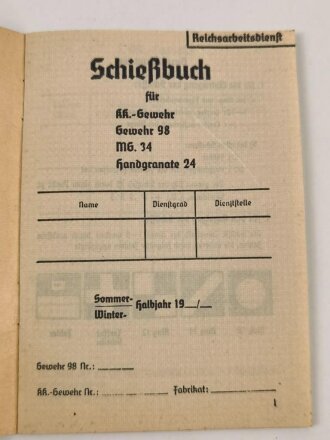 Reichsarbeitsdienst, Schießbuch für KK.-Gewehr...