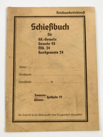 Reichsarbeitsdienst, Schießbuch für KK.-Gewehr Gewehr 98 MG.34 Handgranate 24, blanko