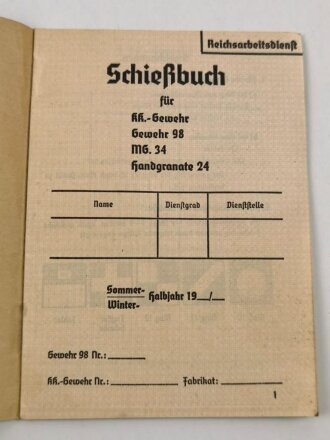 Reichsarbeitsdienst, Schießbuch für KK.-Gewehr...