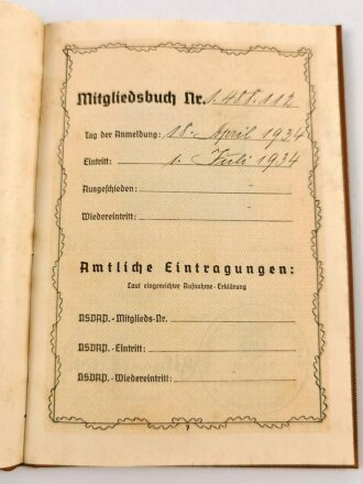 N.S.V. "Mitgliedsbuch" eines Angehörigen aus Osterbeck, datiert 1938