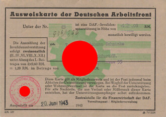 "Ausweiskarte der Deutschen Arbeitsfront" augestellt 1943 in Frankfurt