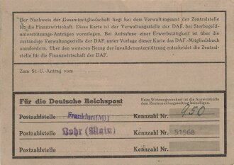 "Ausweiskarte der Deutschen Arbeitsfront" augestellt 1943 in Frankfurt