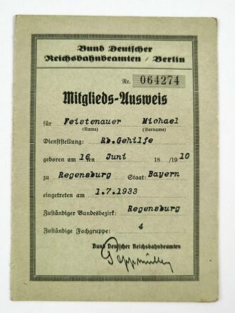 Bund Deutschen Reichsbahnbeamten, Berlin "Mitglieds-Ausweis" eingetreten 1933