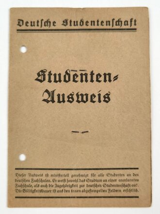 Deutsche Studentenschaft "Studenten-Ausweis" Ingenieurschule Hamburg, gelocht, entnazifiziert