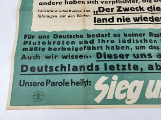 Die Parole der Woche, Wandanschlag / Plakat "Gerechtigkeit für Deutschland?" Folge 24 vom 10. Juni 1942, stark gebraucht und gefaltet, Maße 83x120 cm