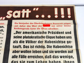 Die Parole der Woche, Wandzeitung "Sie sind satt...!!!" Folge 2 vom 7. Januar 1942, stark gebraucht und gefaltet, Maße 83x120 cm