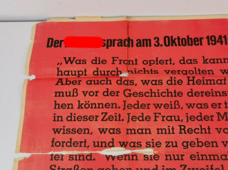 Die Parole der Woche, Wandanschlag / Plakat "Der Führer sprach am 3. Oktober 1941" Folge 47 vom 19. November 1941, stark gebraucht und gefaltet, Maße 83x120 cm