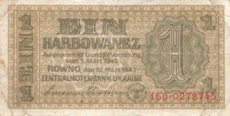 Banknote 1 Karbowanez, Zentralnotenbank Ukraine, datiert 1942