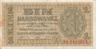 Banknote 1 Karbowanez, Zentralnotenbank Ukraine, datiert 1942