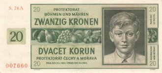 Protektorat Böhmen und Mähren, Banknote Zwanzig Kronen, datiert 1944