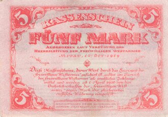 Lettland , Banknote "Kassenschein Fünf Mark" Ausgegeben laut Verfügung der Heeresleitung der freiwilligen Westarmee, Mitau 1919"