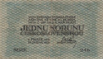 Tschechoslowakei, Banknote  1 Korun 1919, defekt