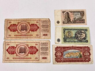 Jugoslawien , 5 x Banknote aus der Zeit des kalten Krieg