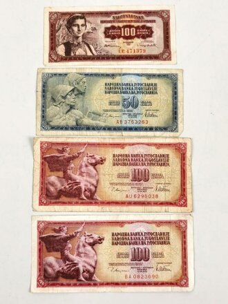 Jugoslawien , 4 x Banknote aus der Zeit des kalten Krieg