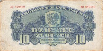 Polen , Banknote 10 Zlotych 1944