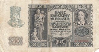 Polen , Banknote 20 Zlotych 1940