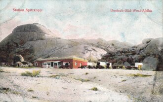 Postkarte, Deutsch Südwestafrika "Station Spitzkopje", in den Ecken Abdrücke aus Album