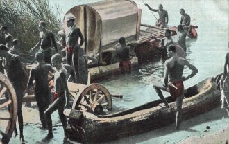 Postkarte, Deutsch Südwestafrika "Uebersetzen eins Ochsenwagens über den Okovangofluss", in den Ecken Abdrücke aus Album